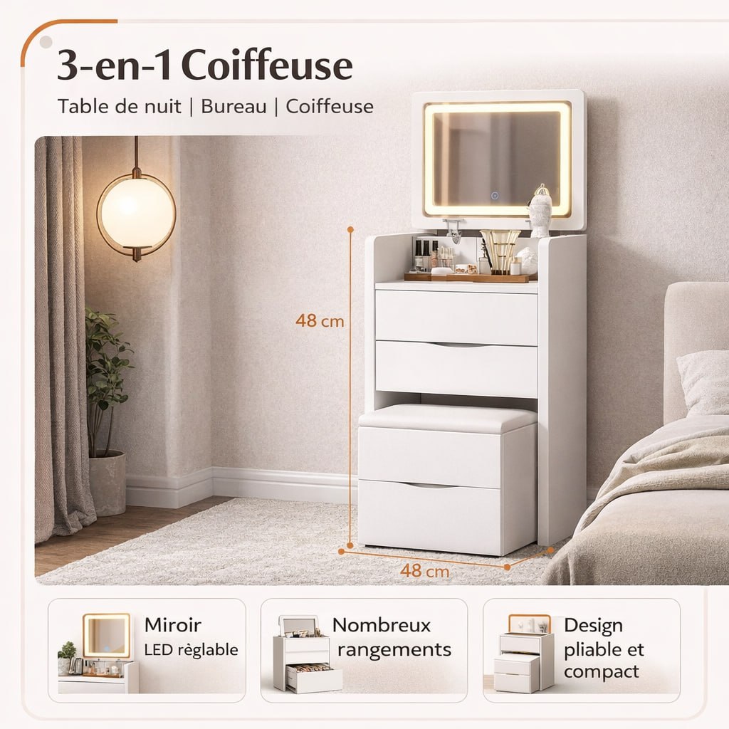Coiffeuse Sakome LED | Table pliable (1 ACHETÉ = 1 OFFERT)